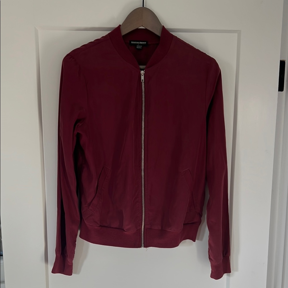 American Apparel Red Bomber Jacket with Zip Closure and Standing Collar